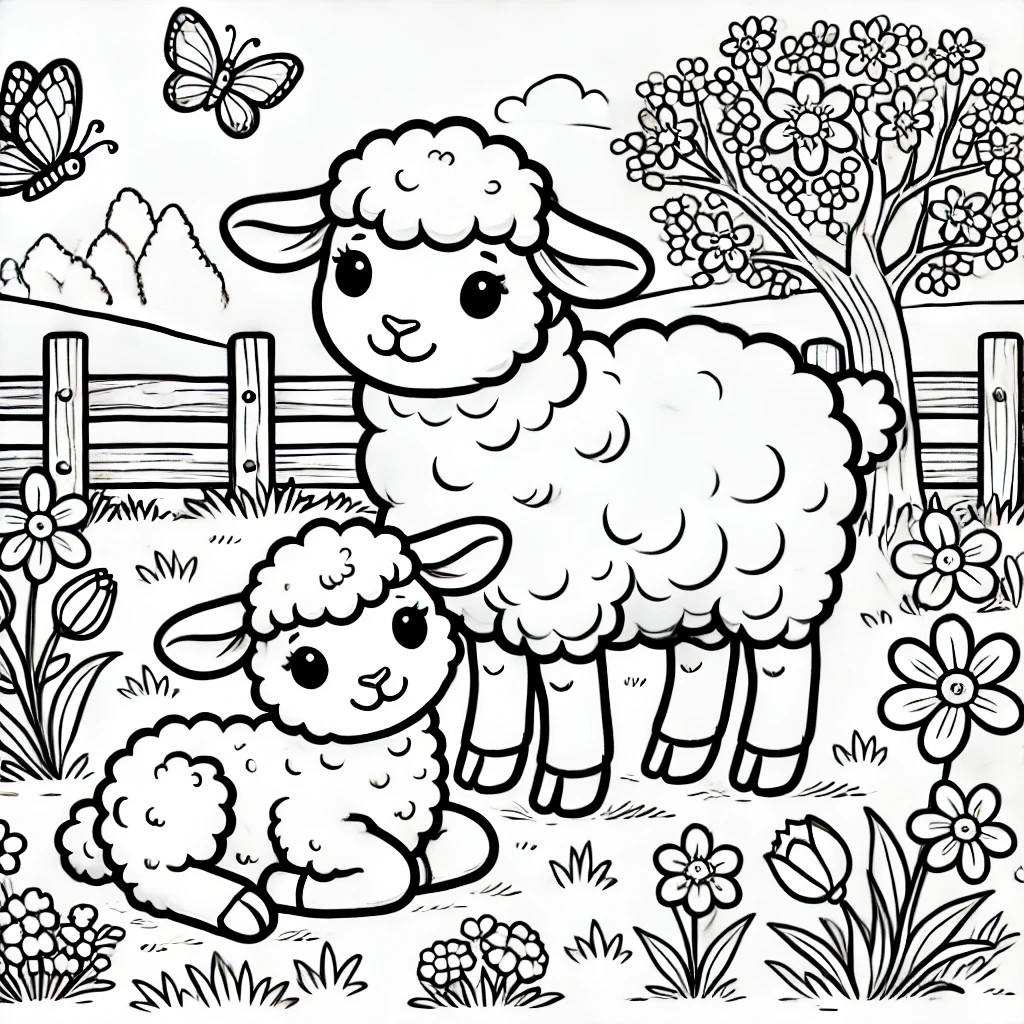 kleurplaat schaap met lam