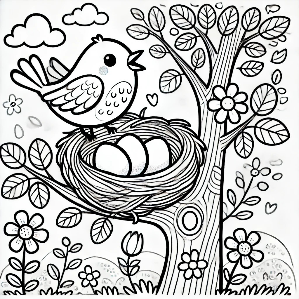 kleurplaat vogel nestje boom
