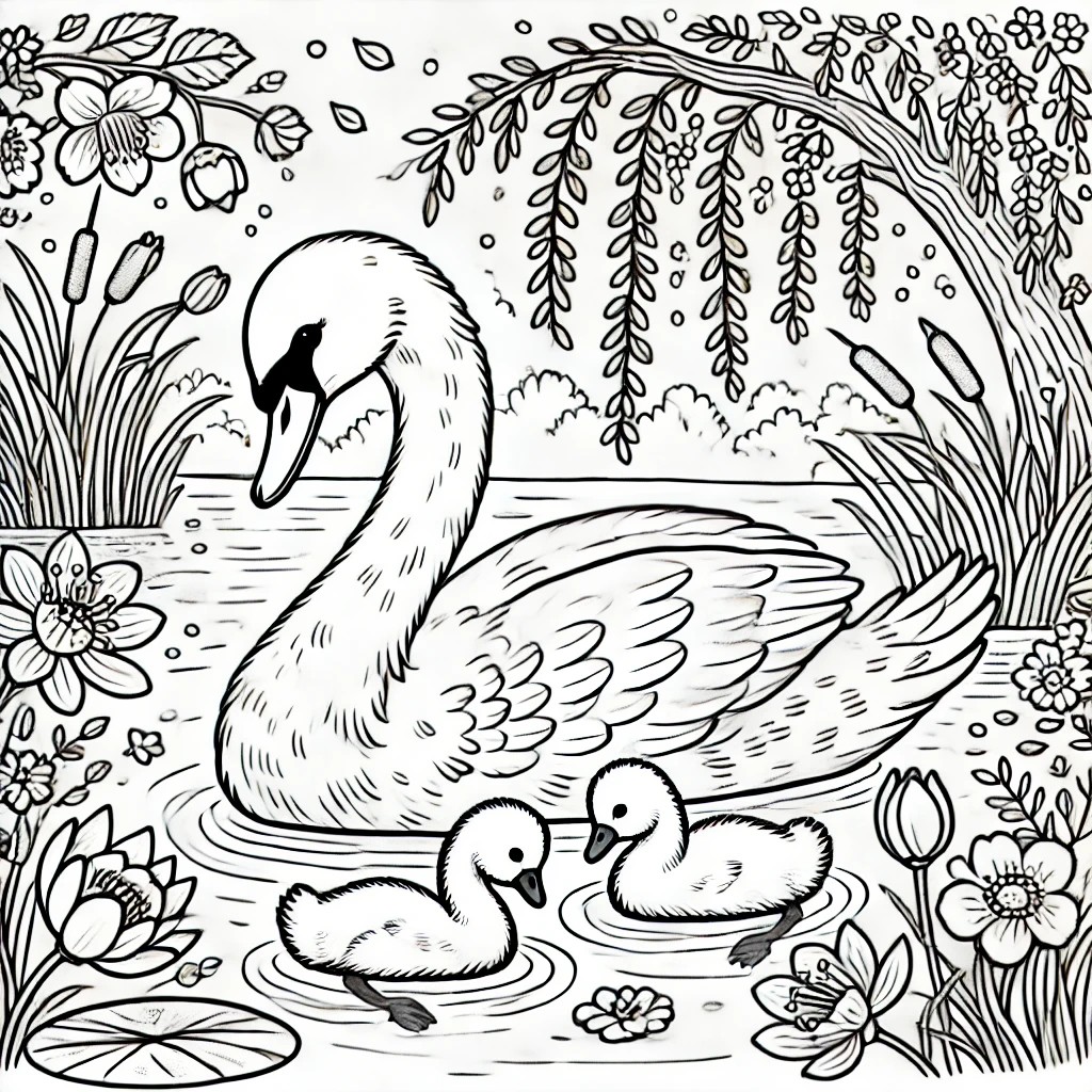 kleurplaat zwaan met baby zwaan